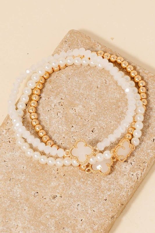 Glass Clover Charms Pearl And Metallic Beaded Bracelet