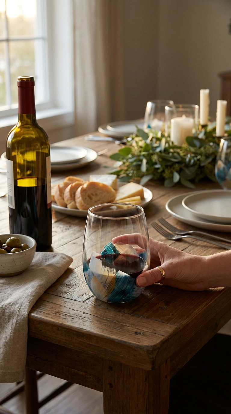 Hand-Painted Blue Ocean Wine Glass