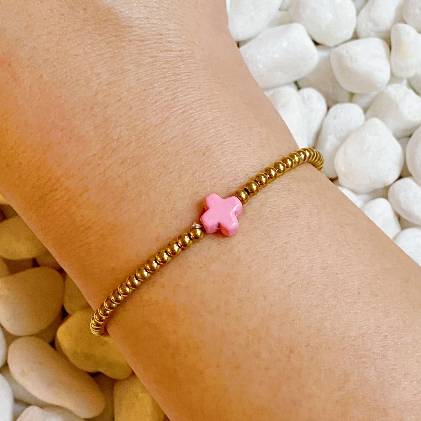 So Very Blessed Cross Gold Beaded Stretch Bracelet