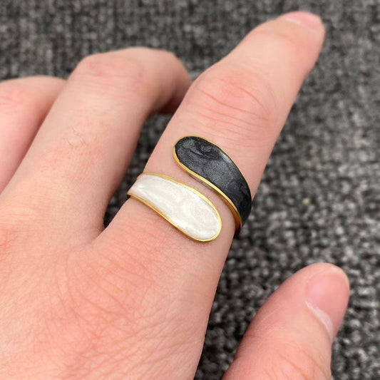 Two Tone Enamel 18K Gold Plated Stainless Steel Adjustable Ring