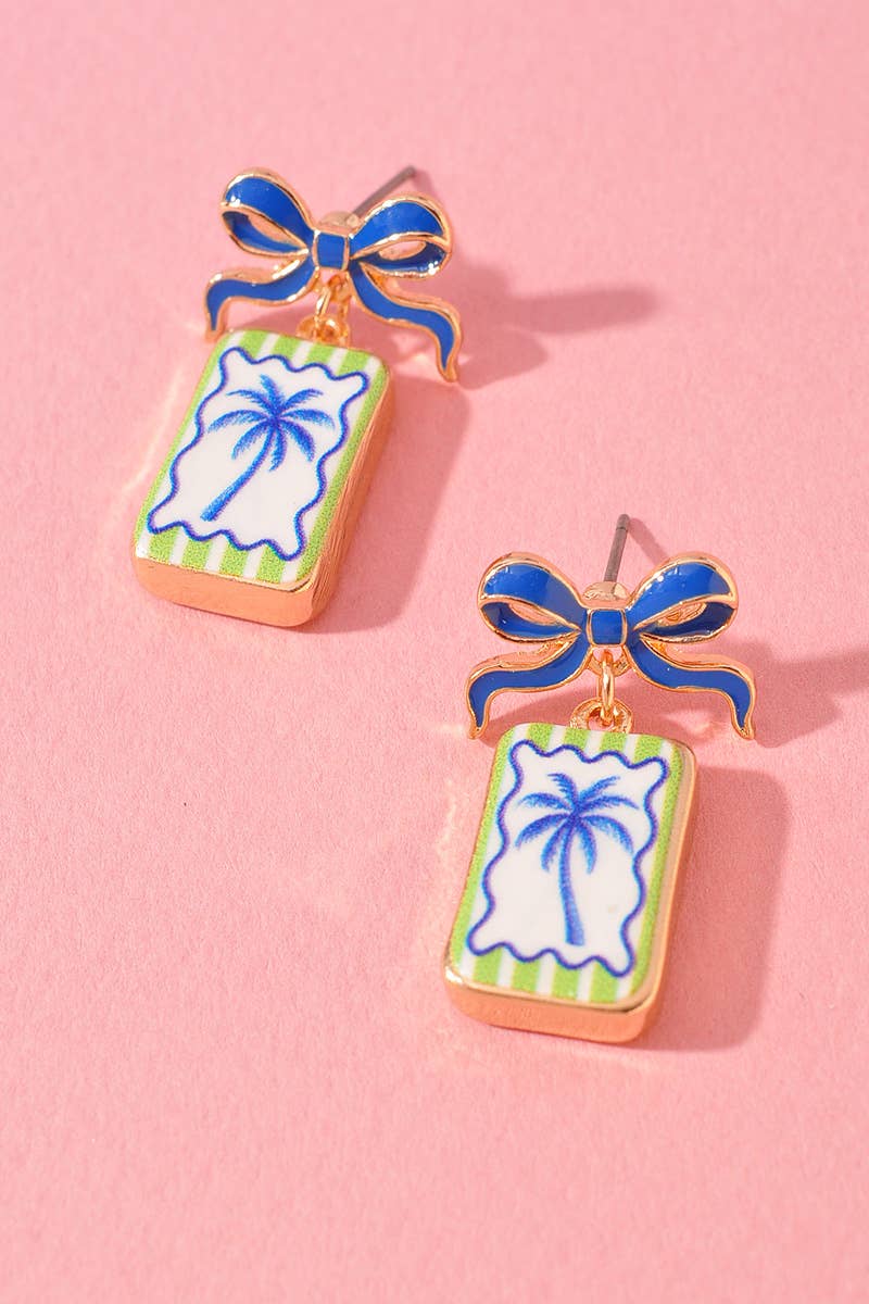 BOW SHAPED ENAMEL POST W/ SARDINE STARFISH PALM TREE EARRING