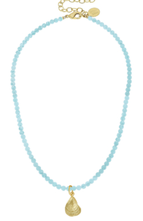 Gold Oyster on Aqua Beaded Necklace
