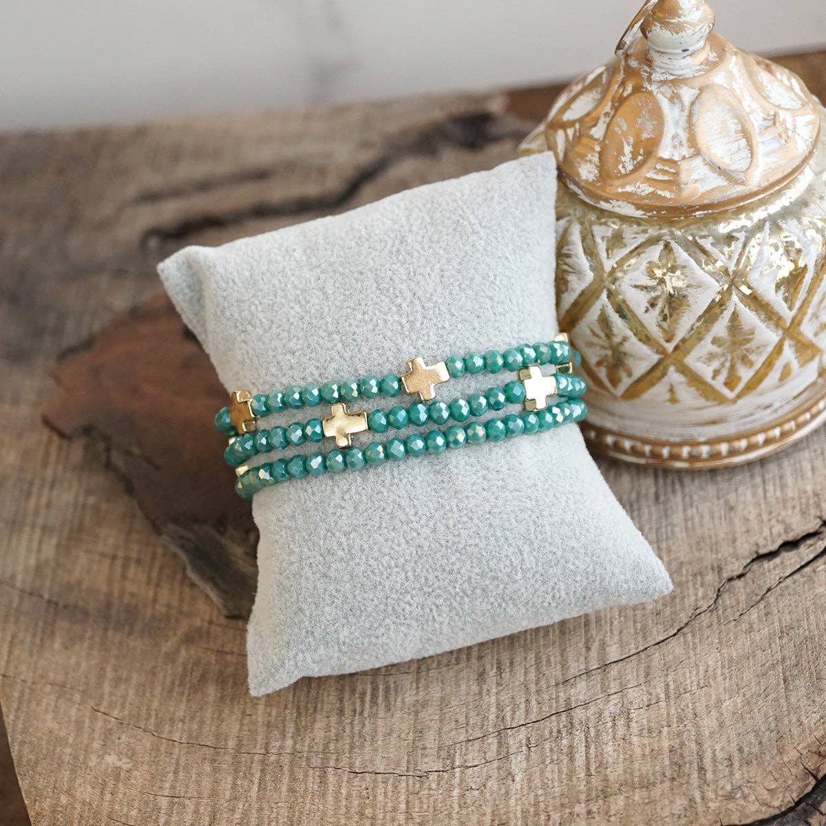 Mini Sideways Cross Bracelet stack Glass and gold metal beads