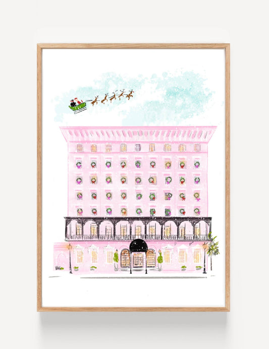 Some say if you listen closely you can hear the faint jingle of bells as Santa flies his sleigh through the skies over The Mills House in the heart of historic Charleston, South Carolina! Stay on the Nice list by presenting this special holiday print only to those who truly believe in the magic of good ol' Saint Nick. Locally made in Charleston, SC

Details: Printed on fade resistant 19pt Savoy Cotton archival paper with archival-quality inks (frame not included)