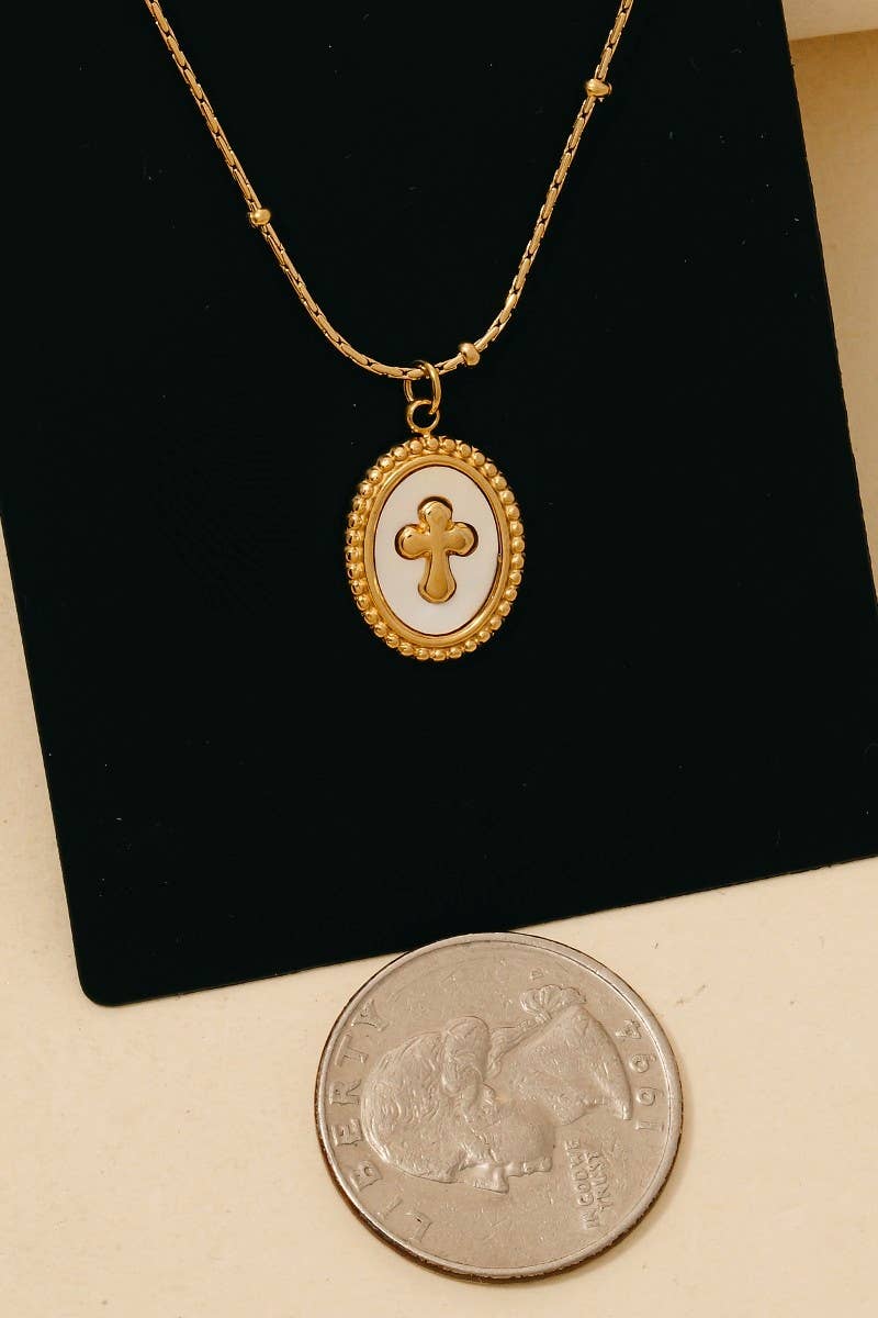 Stainless Steel Oval Cross Pendant Necklace