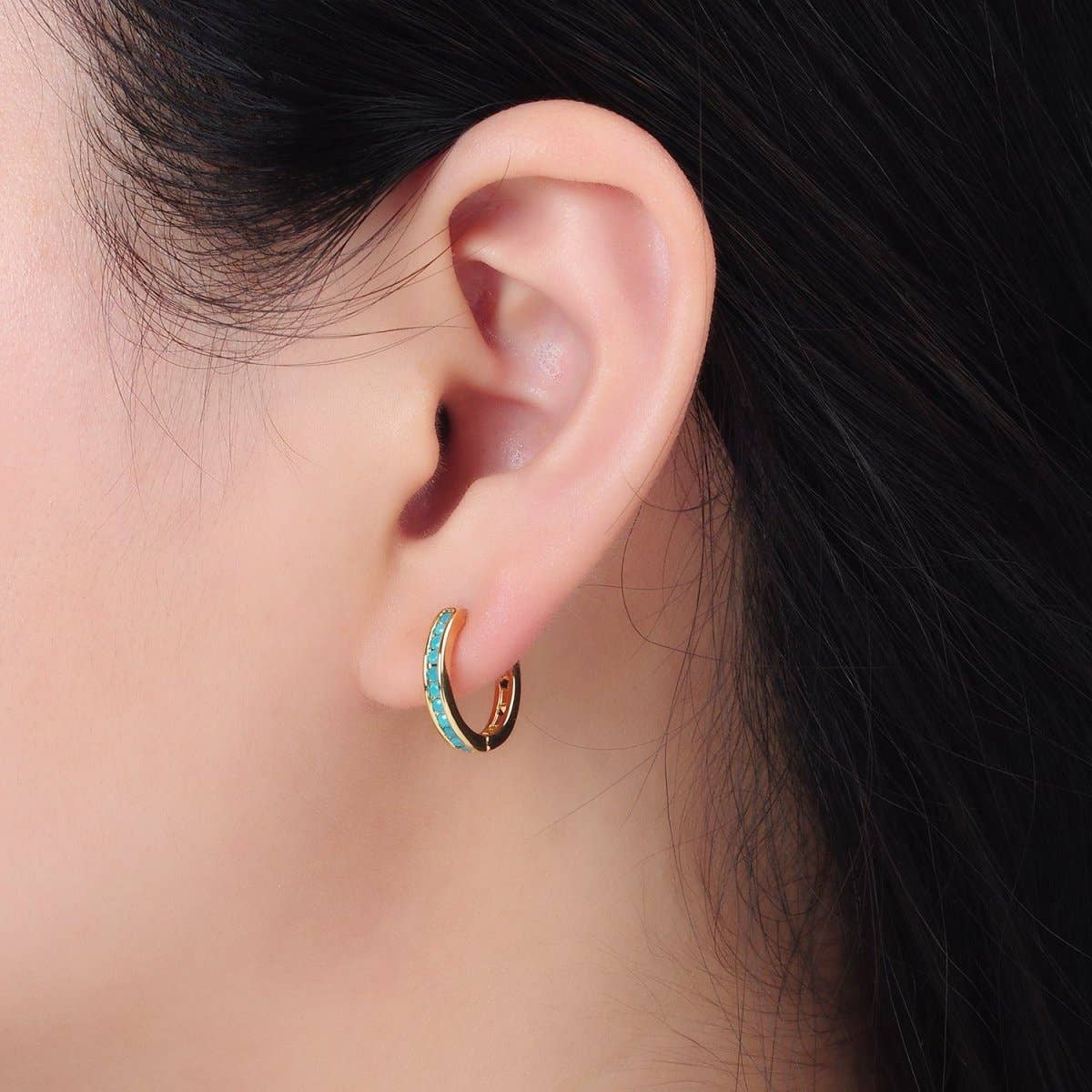24K Gold Filled Turquoise Micro Paved Huggie Earrings