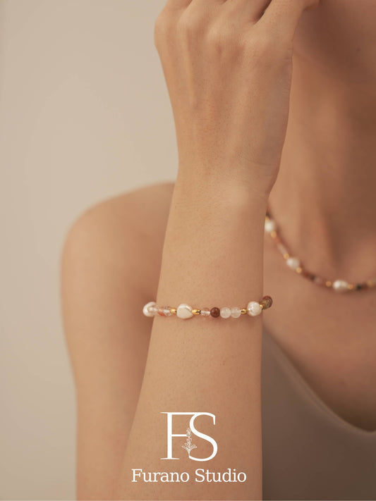 Gold Rainbow Beaded Bracelet, Pink Agate Gemstone Bracelet