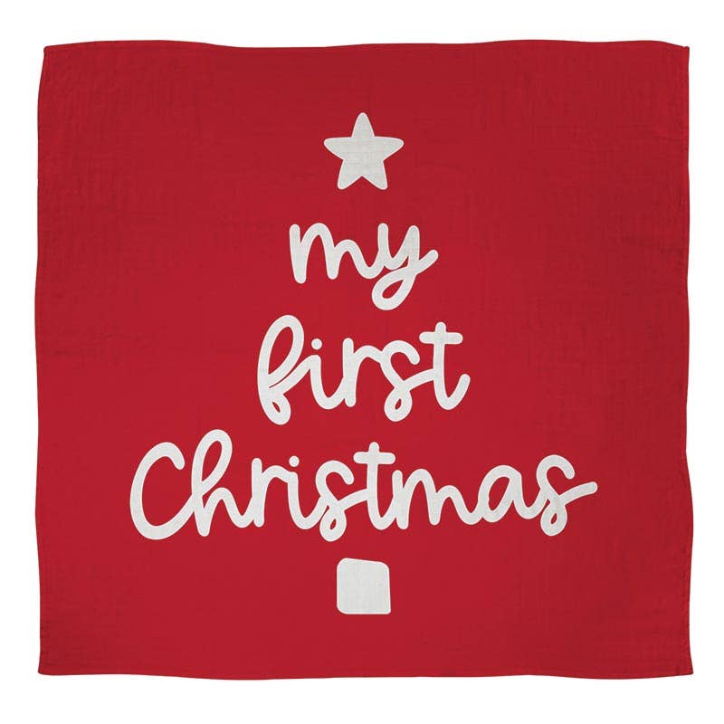 Swaddle Blanket + Plush Bear Rattle - My First Christmas