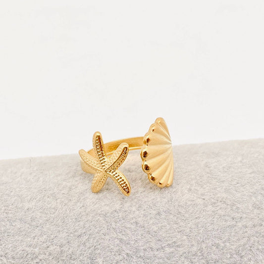 Starfish & Shell 18K Gold Plated Stainless Steel Ring