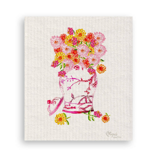 Pink Ginger Jar with Zinnias Swedish Dishcloth