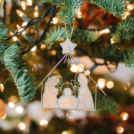 4" Capiz Flat Nativity House Ornament w/Star (Nat/Gold)