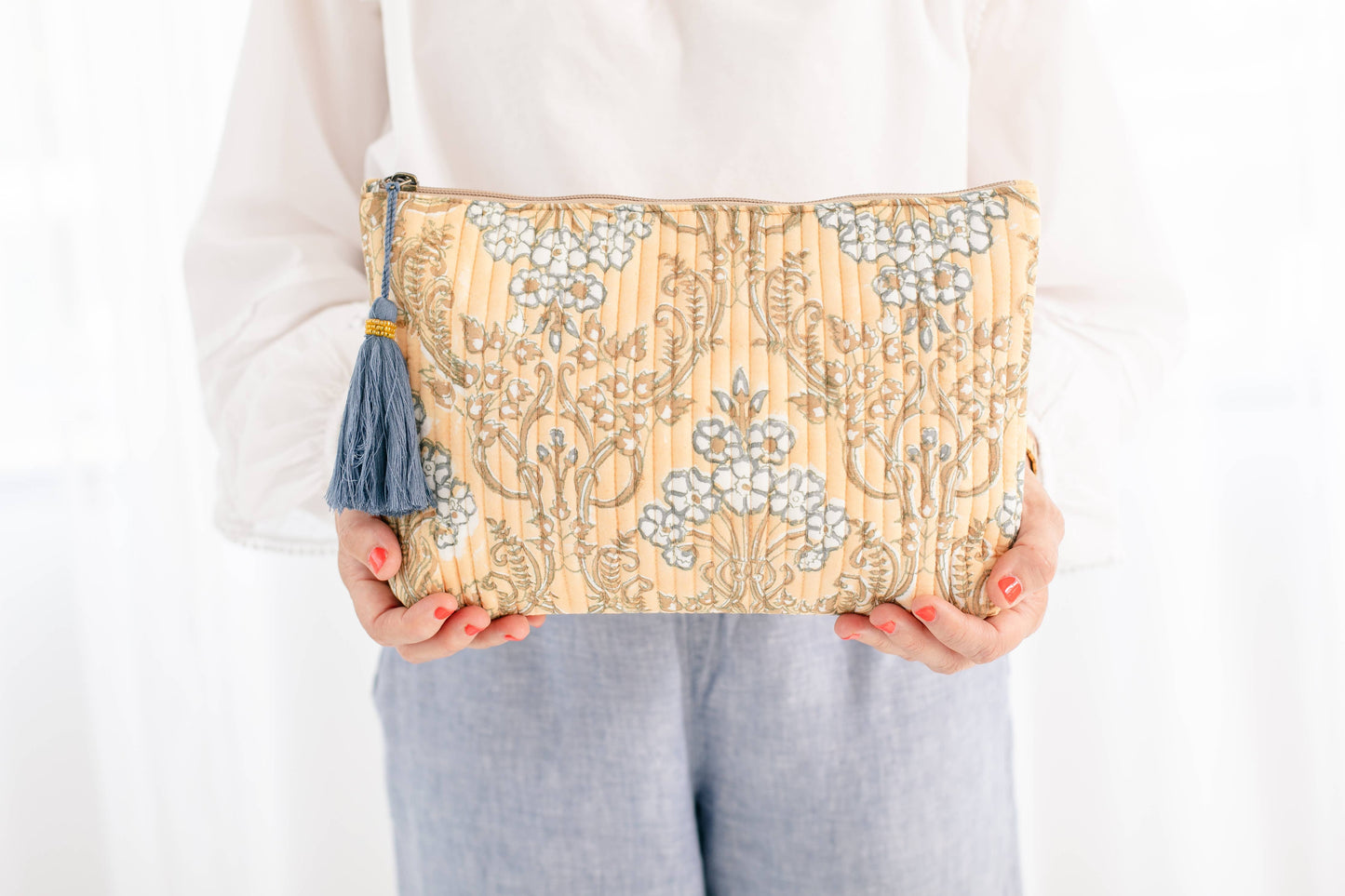 Quilted Block Print Summer Trellis Zipper Pouch