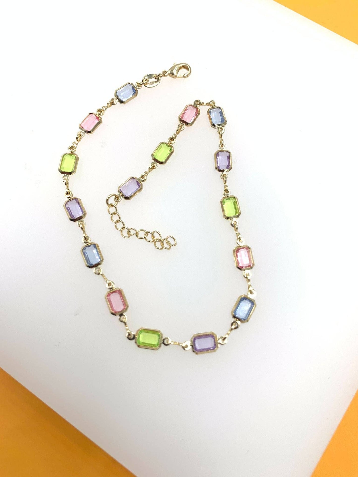 18K Gold Filled Rectangle Multicolor Stone Link Necklace ~ Water Resistant