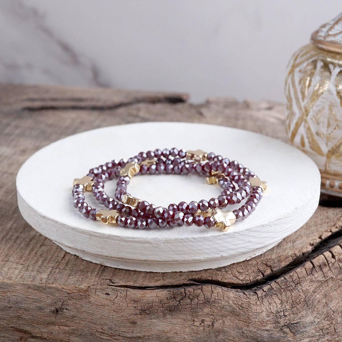 Mini Sideways Cross Bracelet stack Glass and gold metal beads