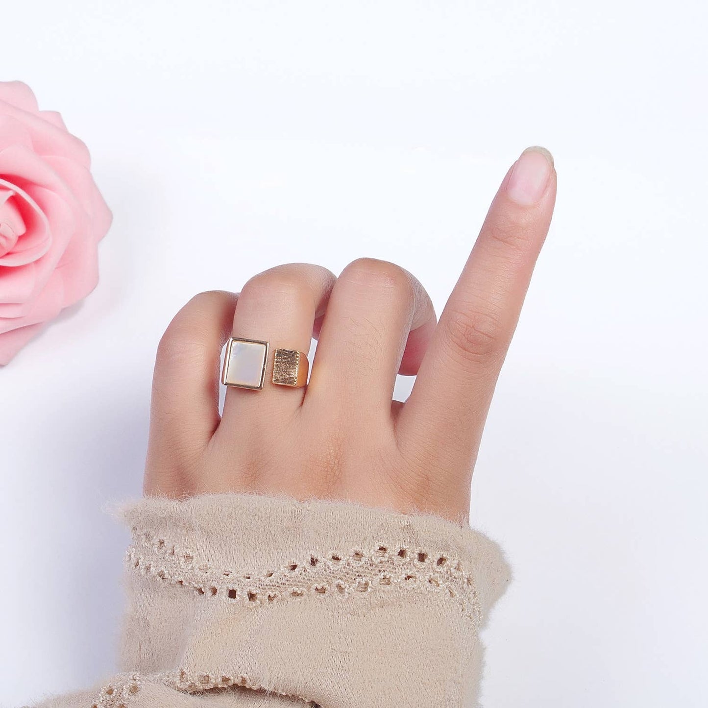 Elegant Double Square Rectangular Textured Pearl Ring ~ Adjustable