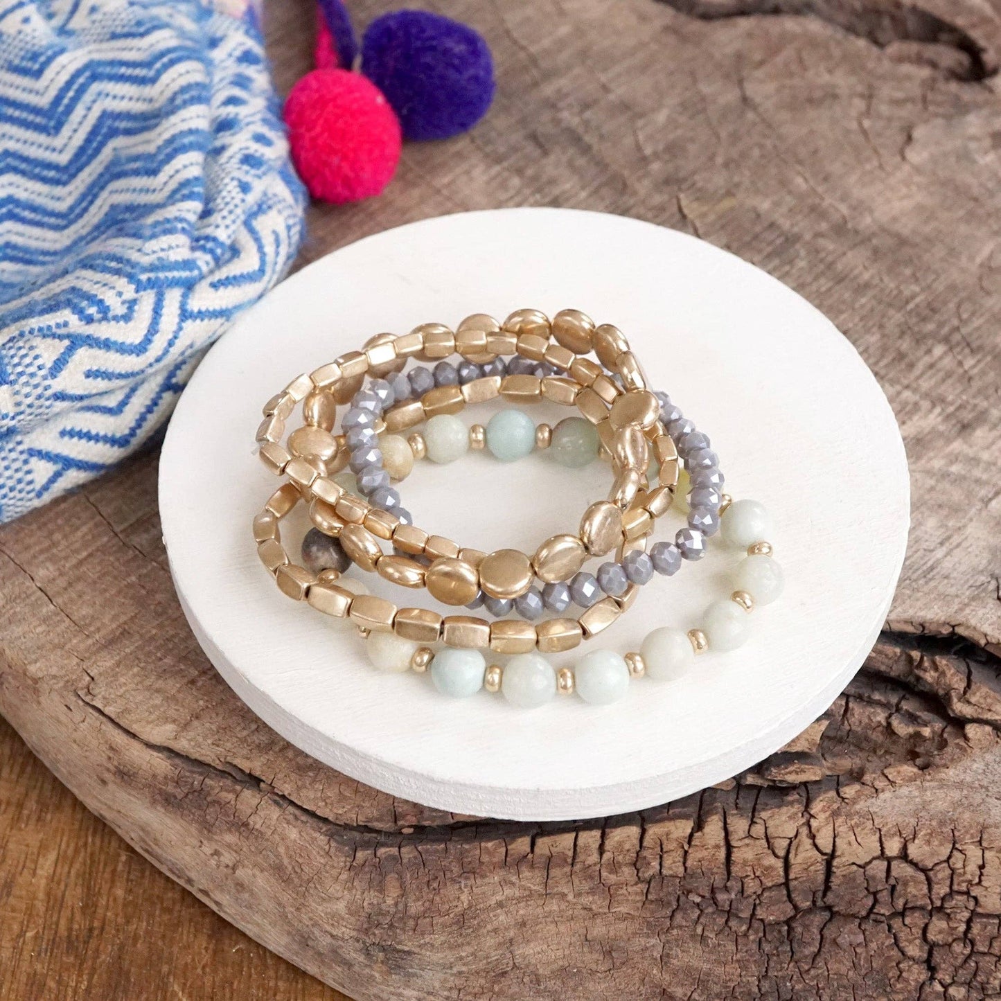 Boho Beaded Bracelet Stack Amazonite Mint and worn gold tone - Set of 5