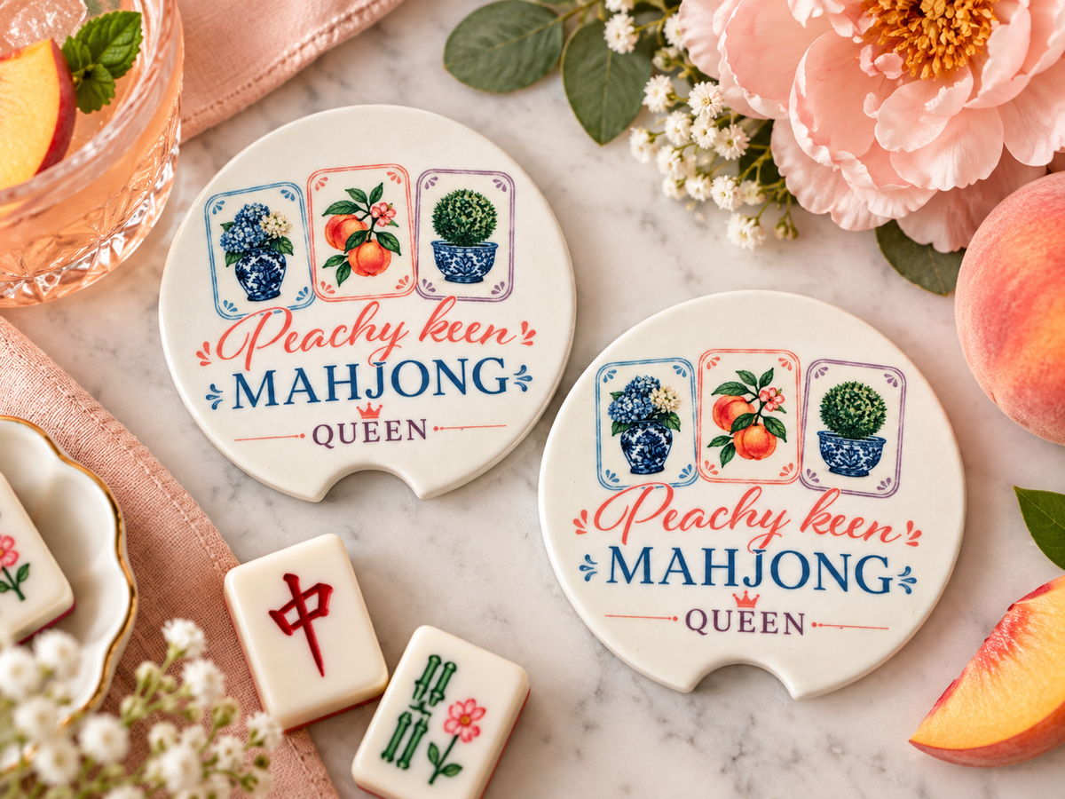 Peachy Keen Mahjong Queen Ceramic Car Coasters - Set of 2