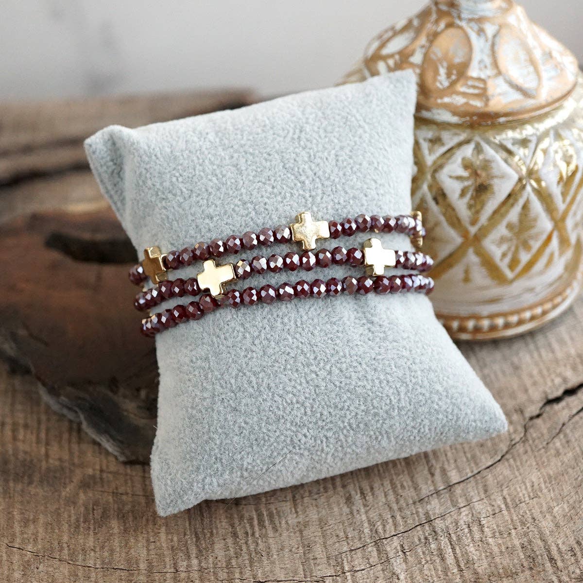 Mini Sideways Cross Bracelet stack Glass and gold metal beads