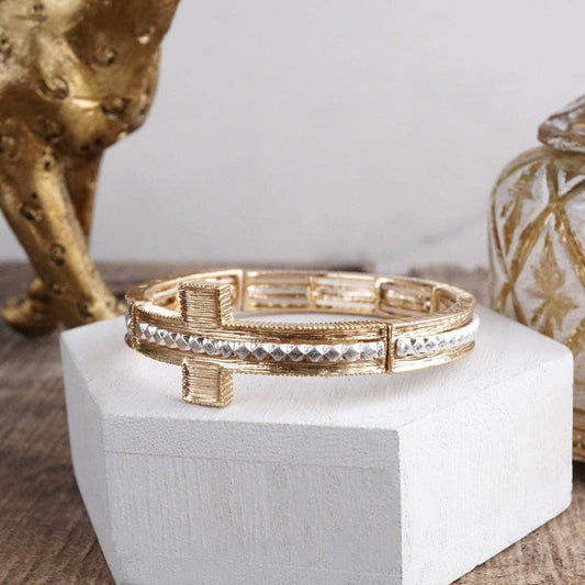 Golden Balance – Minimalist Sideways Cross Stretch Bangle