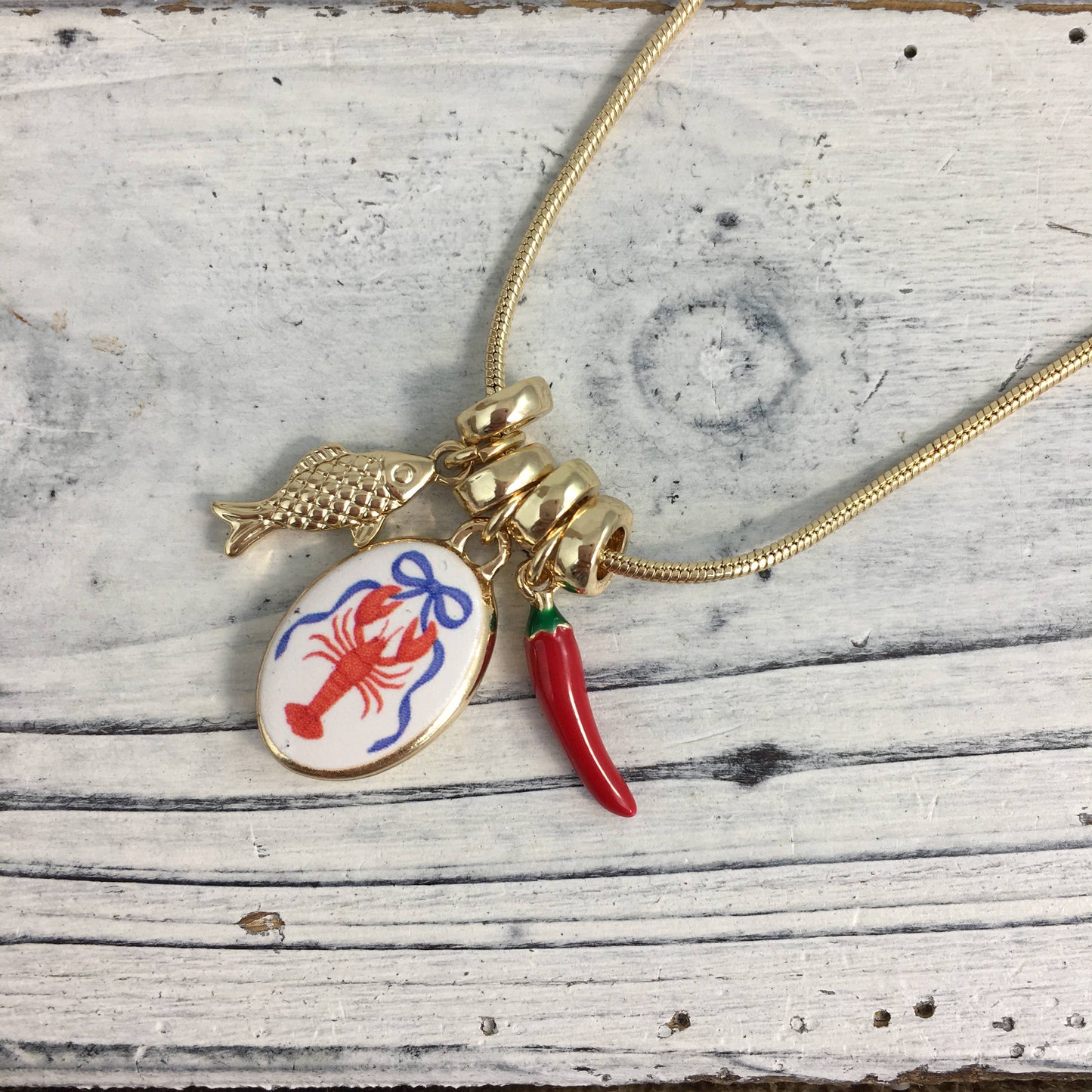 Crawfish/pepper/fish charm necklace 