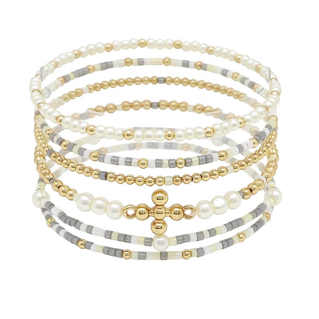 CROSS ACCENT DAINTY MULTI LAYERED BEADED STRETCH BRACELET