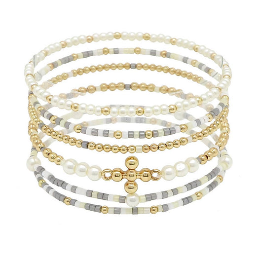 CROSS ACCENT DAINTY MULTI LAYERED BEADED STRETCH BRACELET