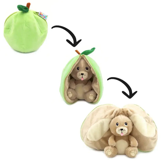 Plush toy inside an apple-shaped shell with another plush toy inside a shell shaped like a rabbit.