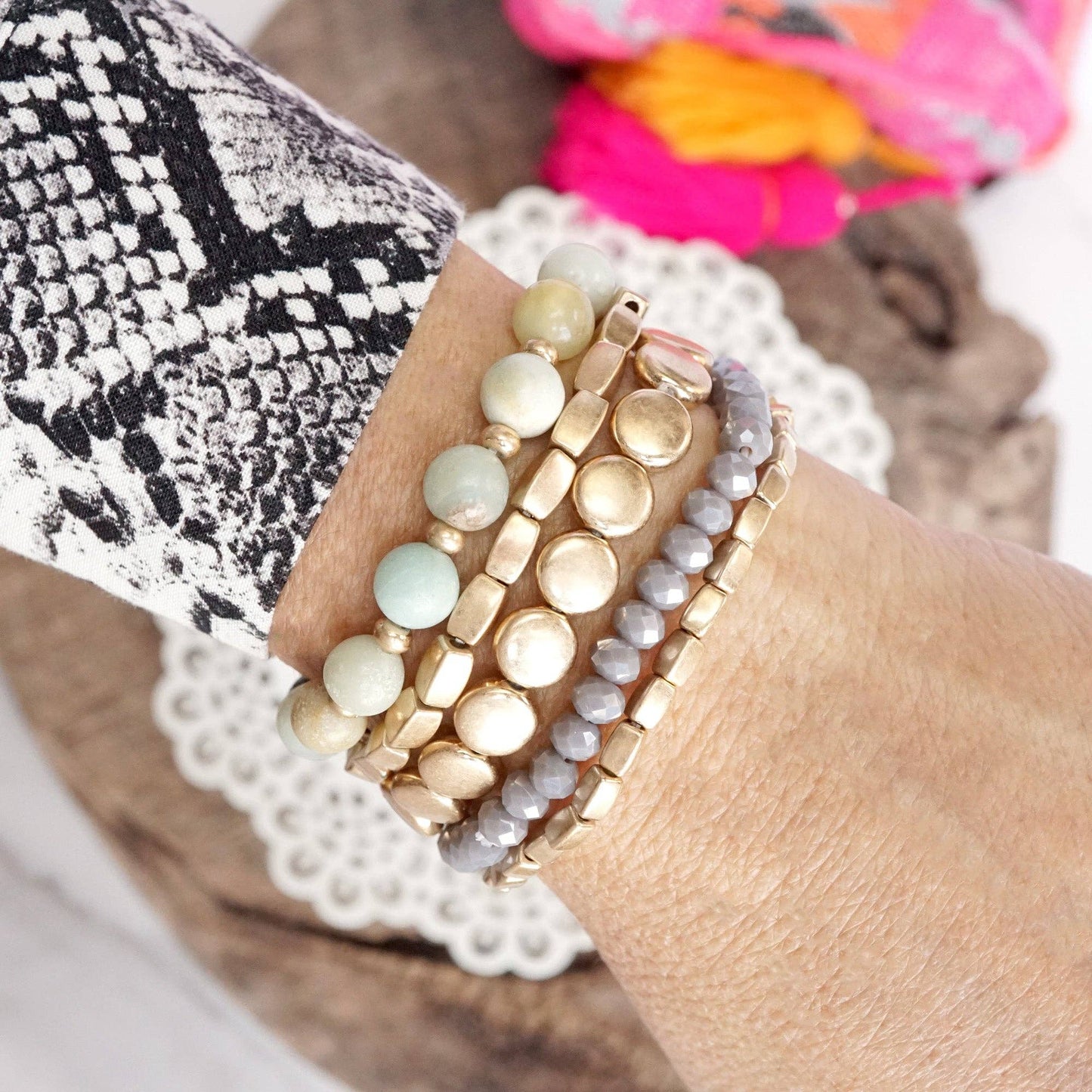 Boho Beaded Bracelet Stack Amazonite Mint and worn gold tone - Set of 5