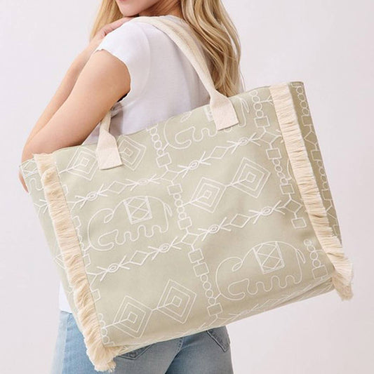 Boho Geometric Elephant Print Fringe Tote Bag