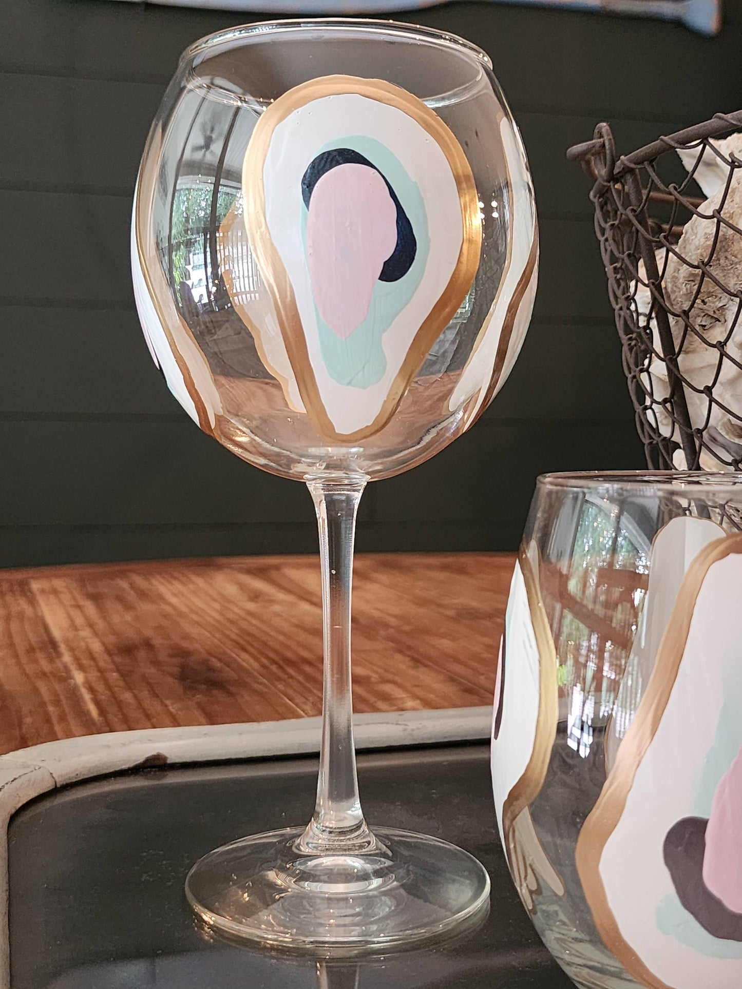 Hand Painted Oyster Wine Glass - Stemmed - Beach Sunset