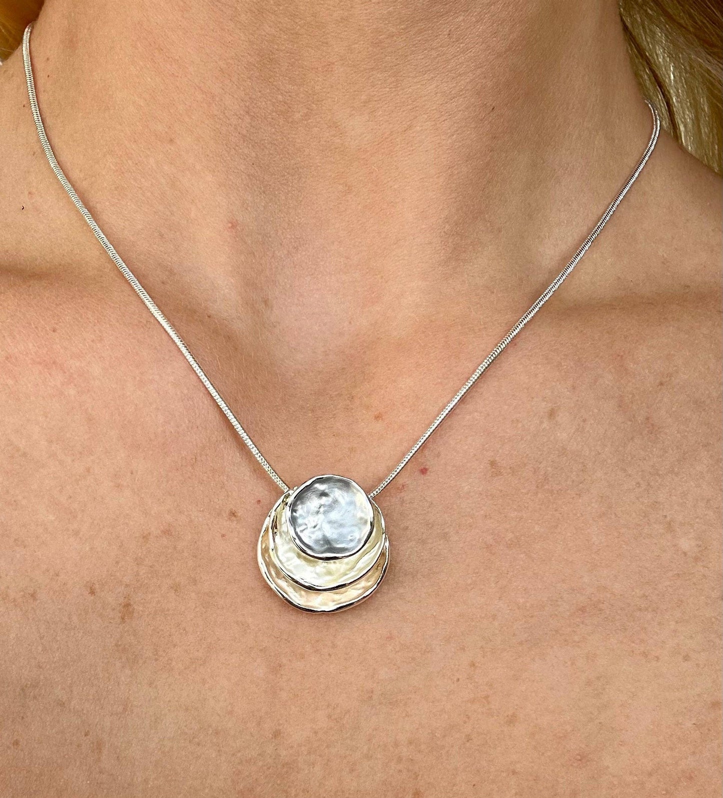 Three Stacked Potato Chip White Pearl Necklace