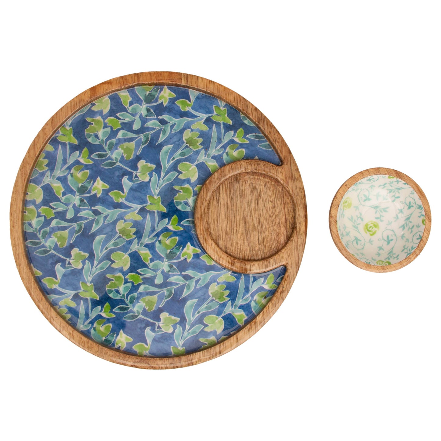 12" Dia. Azure & Ivy Round Mango Wood Platter & 4" Bowl