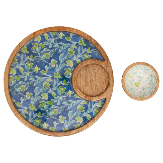 12" Dia. Azure & Ivy Round Mango Wood Platter & 4" Bowl