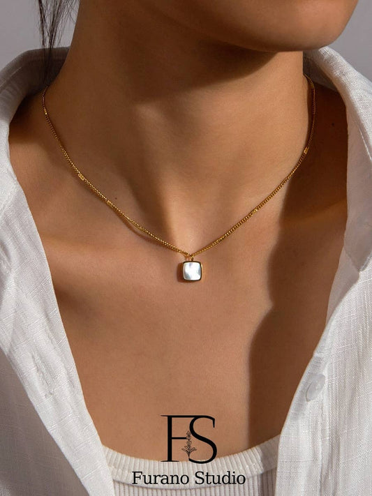 Gold Pearl Square Pendant Necklace; Pearl Charm Necklace