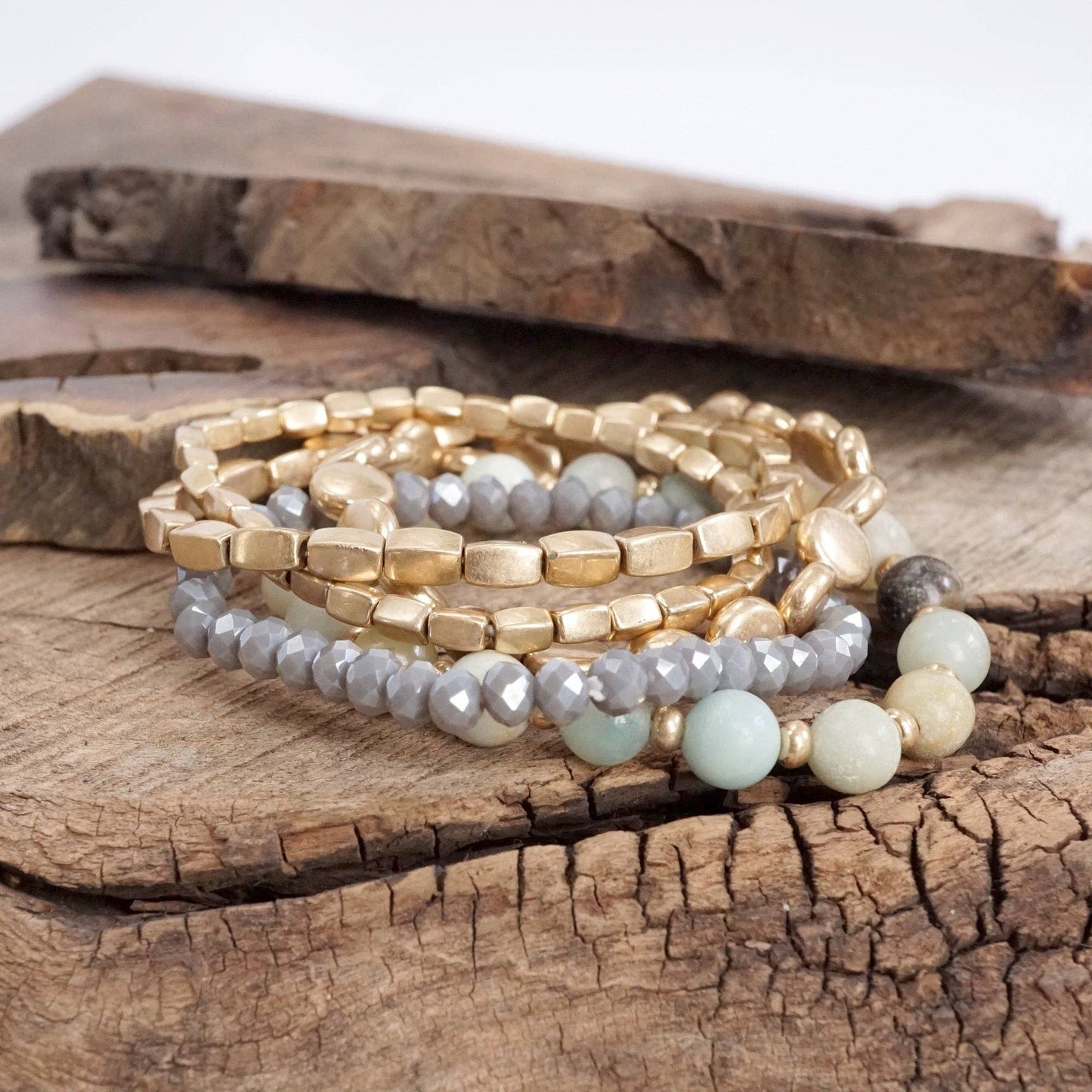 Boho Beaded Bracelet Stack Amazonite Mint and worn gold tone - Set of 5