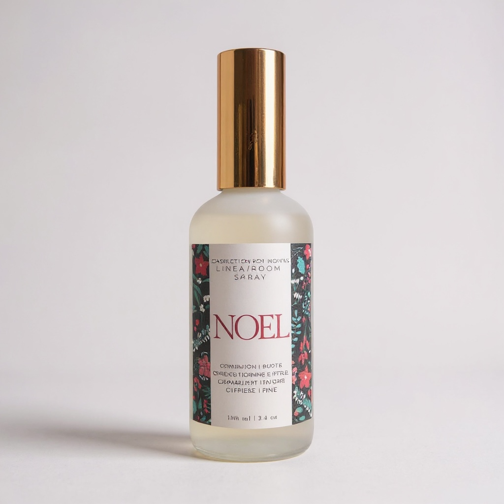Bottle of 'NOEL' room spray with a gold cap on a light gray background locally made in Charleston