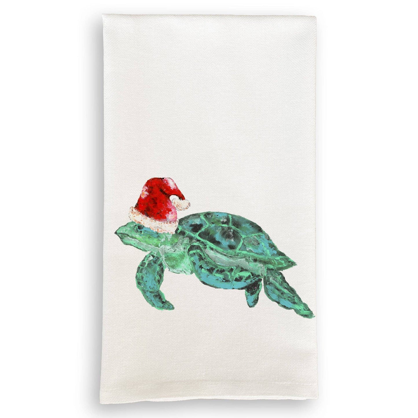 Towel with a green turtle wearing a red Santa hat on a white background