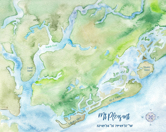 Mt Pleasant SC Hand-Painted Watercolor Map - Art Print