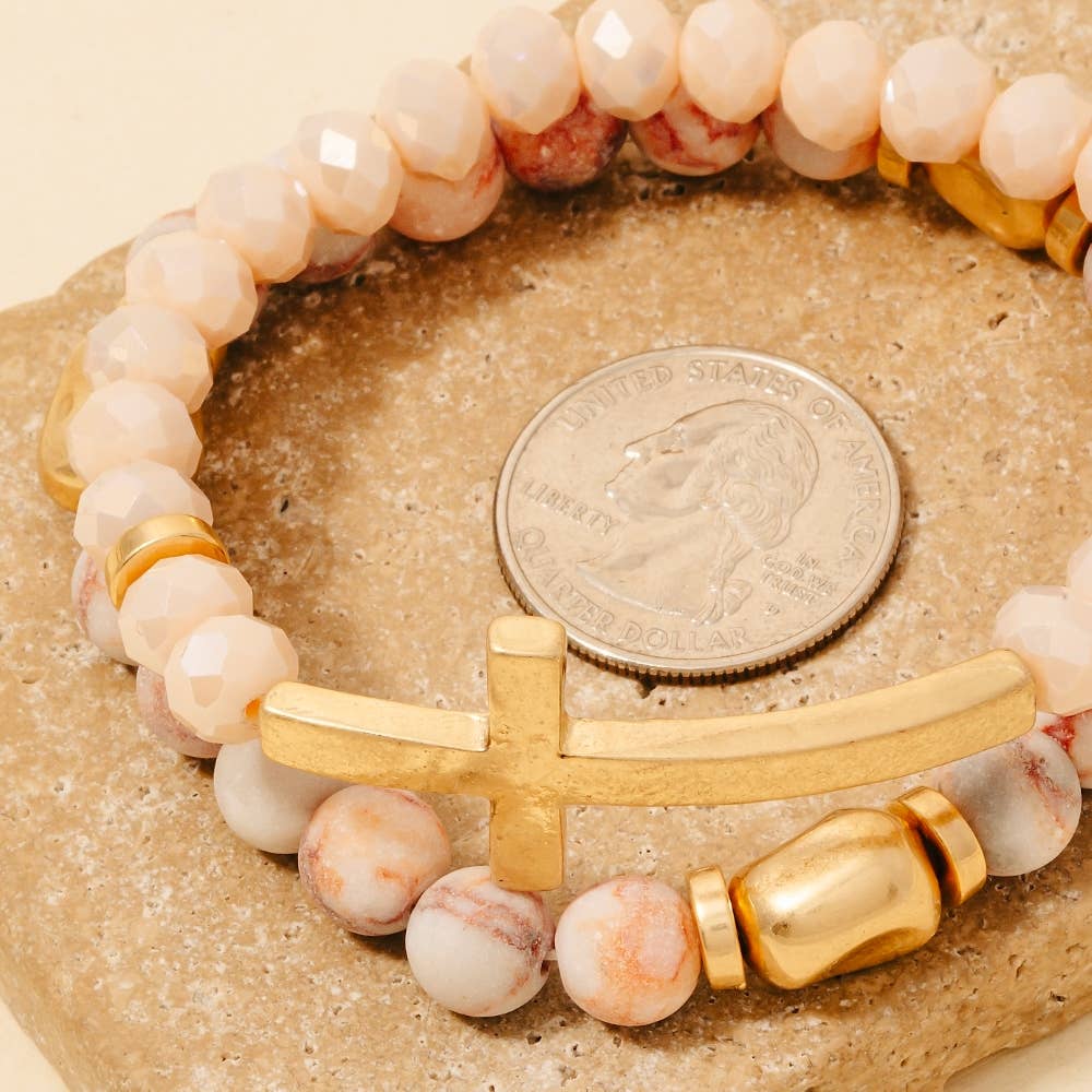 Cross Charm Stone Beaded Bracelet Set