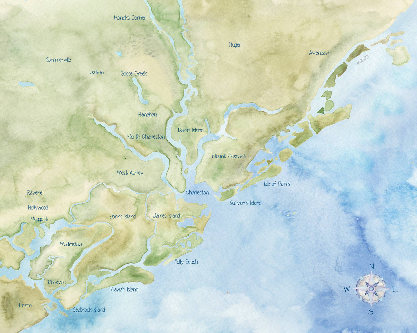 Charleston SC Area Hand-Painted Watercolor Map - Art Print