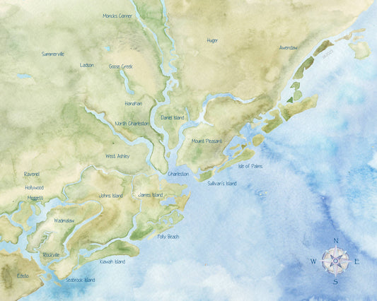 Charleston SC Area Hand-Painted Watercolor Map - Art Print