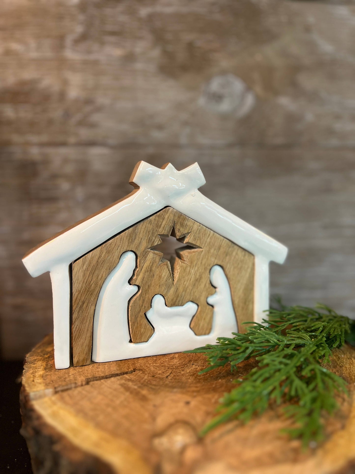 Wooden Nativity with White Enamel