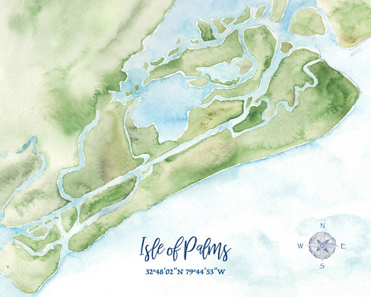 Isle of Palms SC Hand-Painted Watercolor Map - Art Print