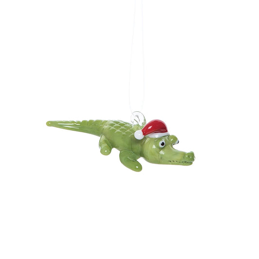 Christmas Santa Alligator Glass Ornament