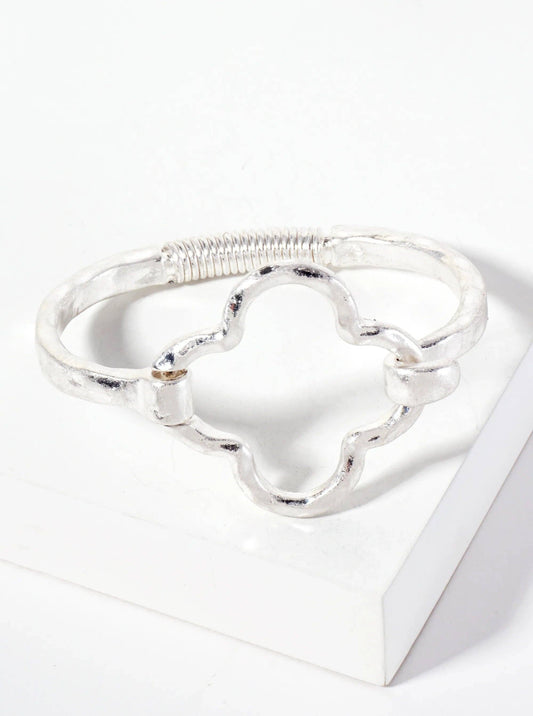 Hammered Metal Clover- Shaped Hook Clasp Hinged Bracelet