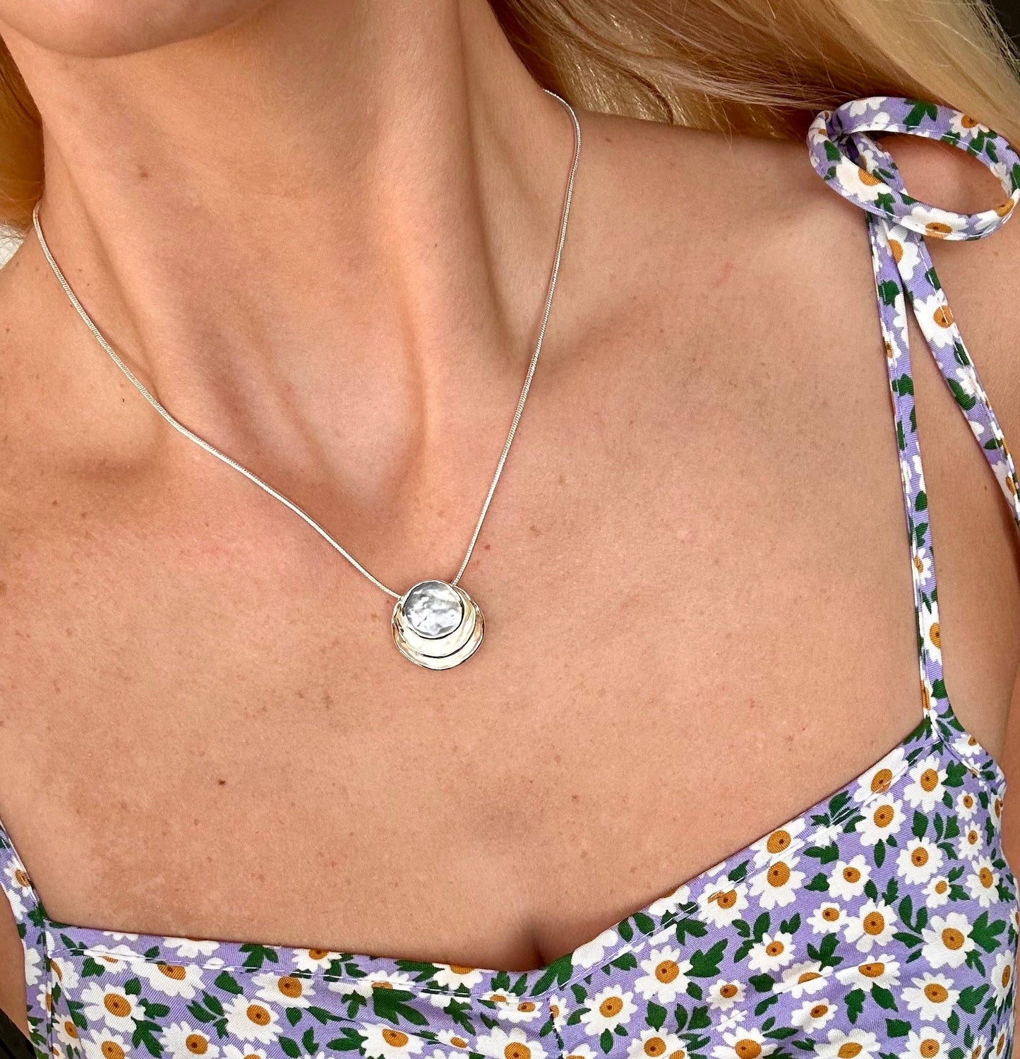 Three Stacked Potato Chip White Pearl Necklace