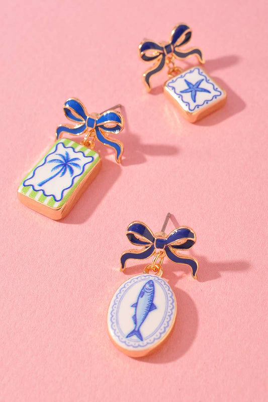 BOW SHAPED ENAMEL POST W/ SARDINE STARFISH PALM TREE EARRING