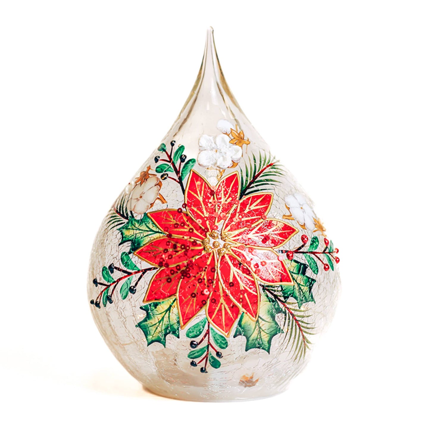 Poinsettia Glass Teardrop with LED String Lights — Christmas, Holiday Ornaments
