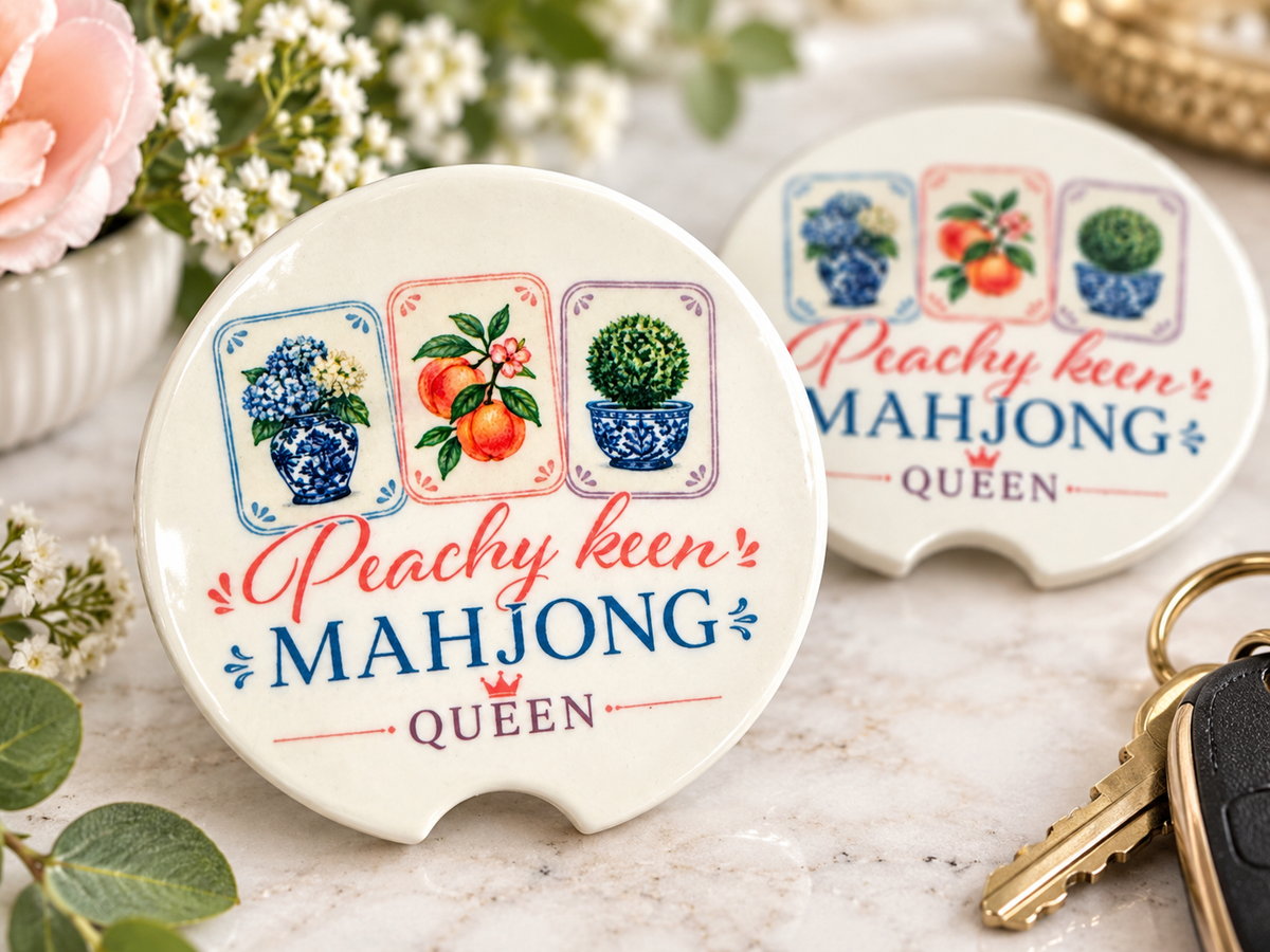 Peachy Keen Mahjong Queen Ceramic Car Coasters - Set of 2