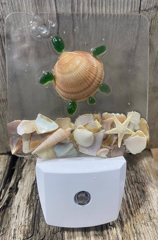 COASTAL Night Light- TURTLE, glass with shells